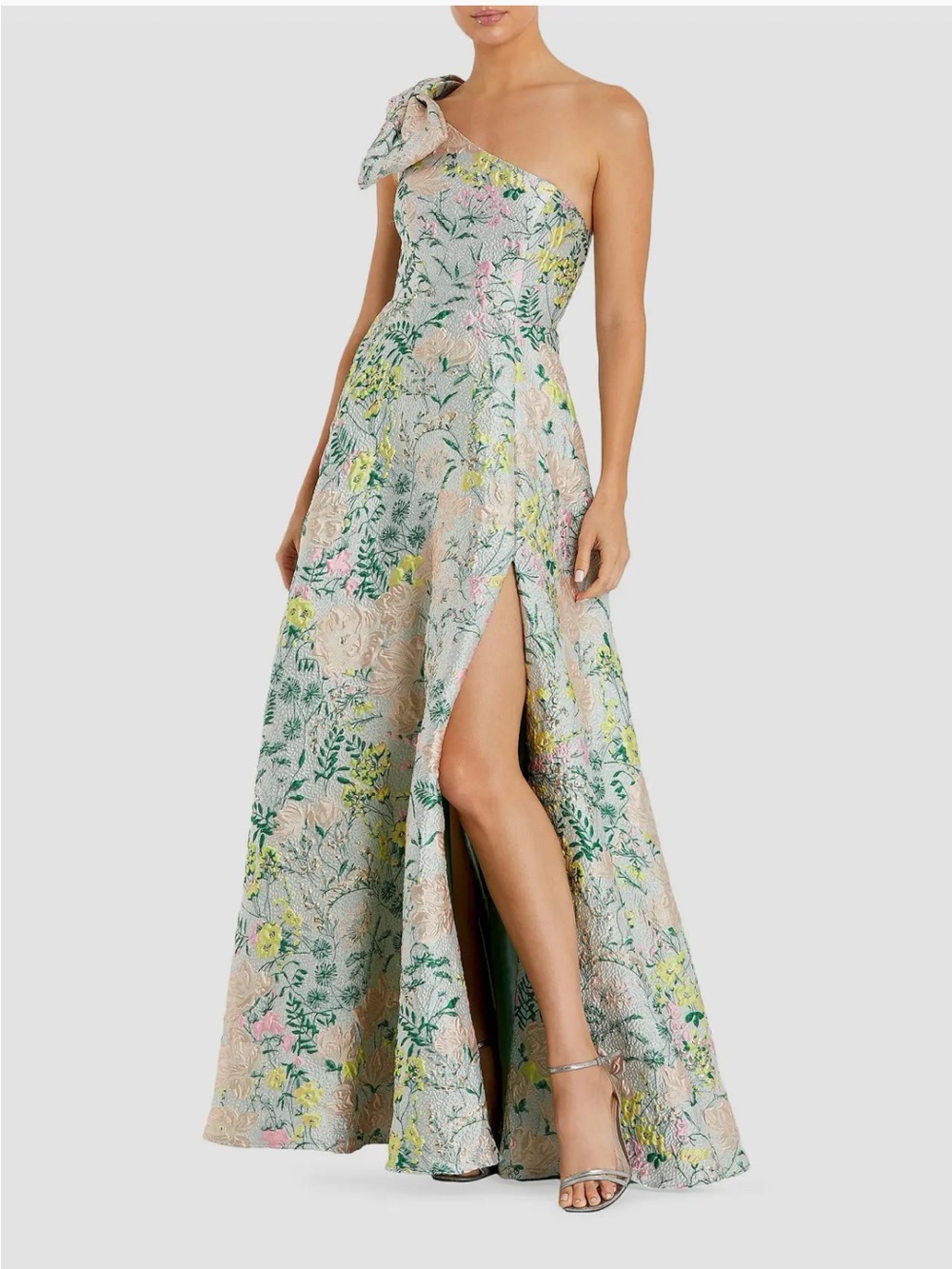 Mac Duggal Floral Brocade Bow One Shoulder Gown